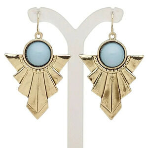 Vintage 90s Art Deco Style Antique Gold Turquoise Blue Zig Zag Earrings